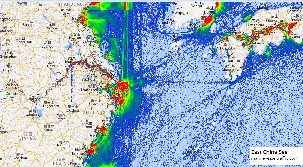 Live Marine Traffic, Density Map and Current Position of ships in EAST CHINA SEA